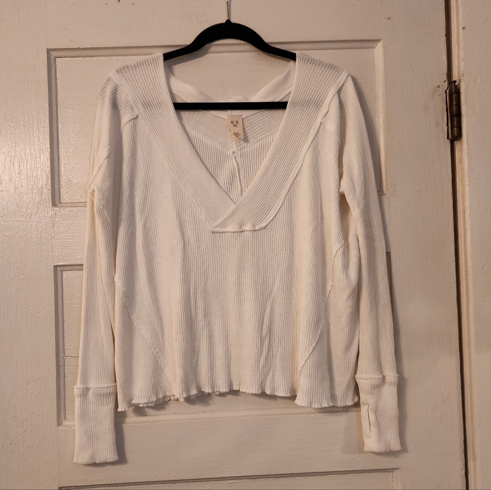 Free People We the Free Top Ocean View Ribbed Ivory Boho Oversized V-neck XS EUC